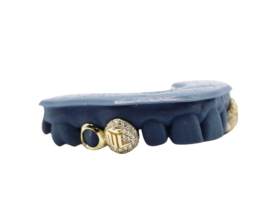 Diamond Fang Grillz w 3D Logos and Open Face Gold Molars