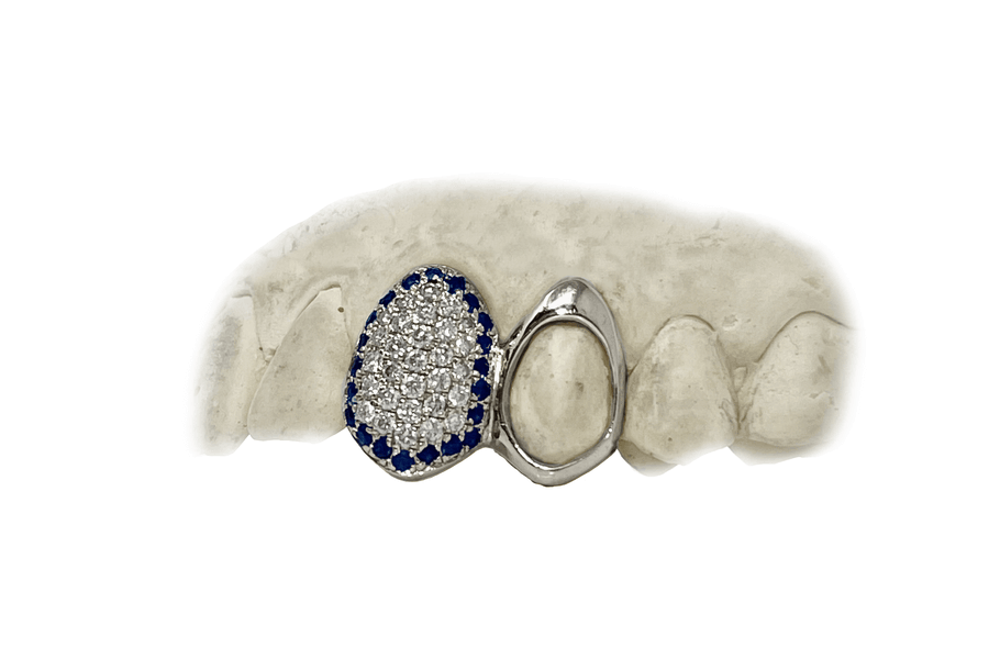 Diamond Fang Grillz w Sapphire Halo & Gold Open Face Tooth (VS, 14K, White Gold)