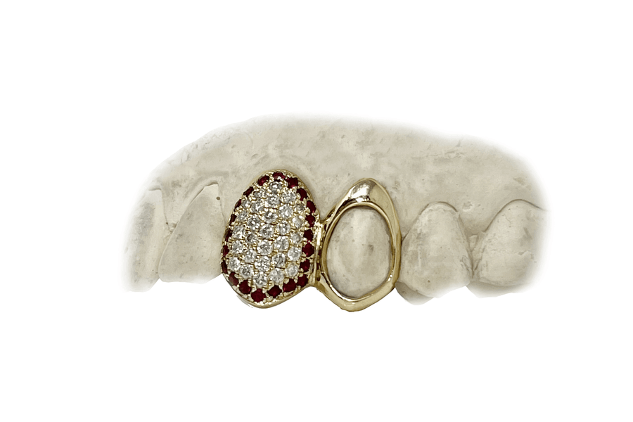 Diamond Fang Grillz w Ruby Halo & Gold Open Face Tooth (VS, 14K, Yellow Gold)