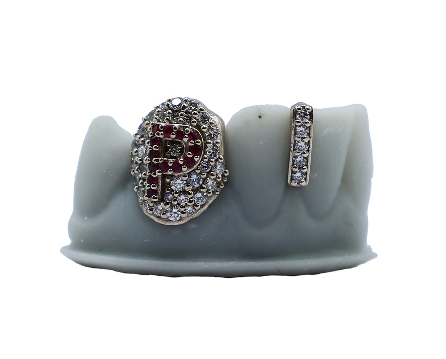Diamond Fang Grillz w Ruby Letter and Diamond Gap Filler