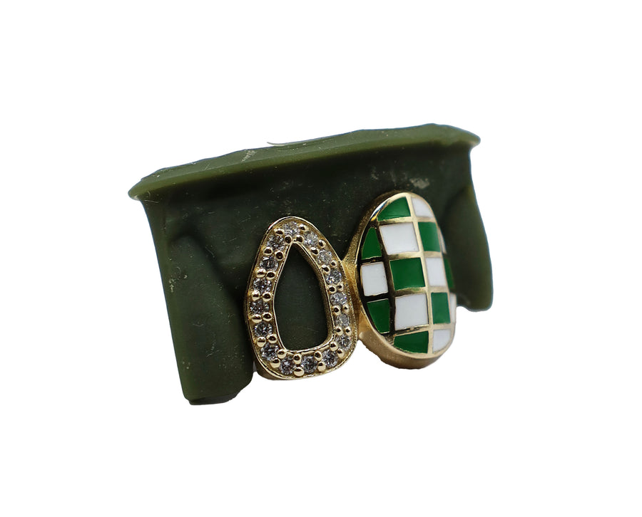 Diamond Open Face Grillz w Enamel Checkerboard Fang