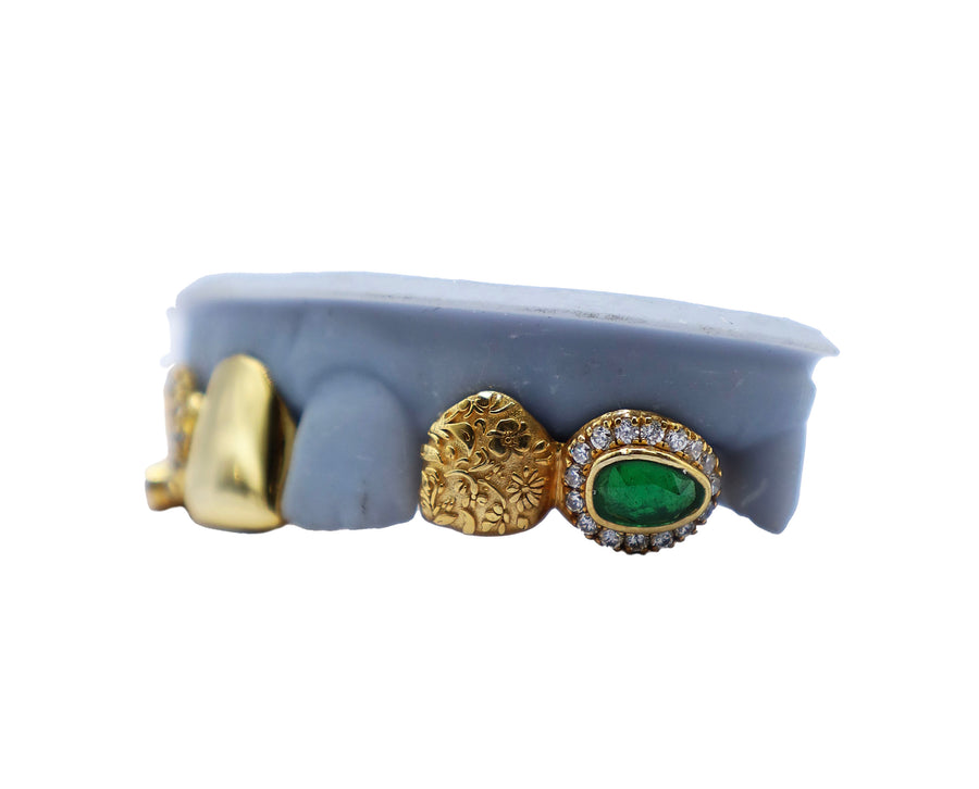 Diamond and Pearl Open Face Grillz w 3D Tooth and Green Emerald w Diamond Halo Left View