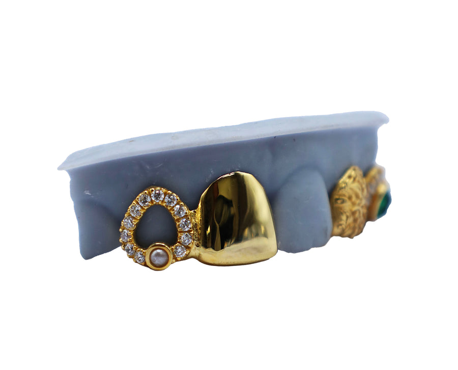 Diamond and Pearl Open Face Grillz w 3D Tooth and Green Emerald w Diamond Halo Right View