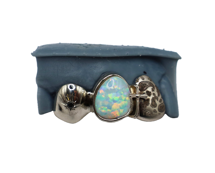 Opal Fang Grillz w 3D Cross, Paisley Engraving and Black Diamond Tooth White Gold