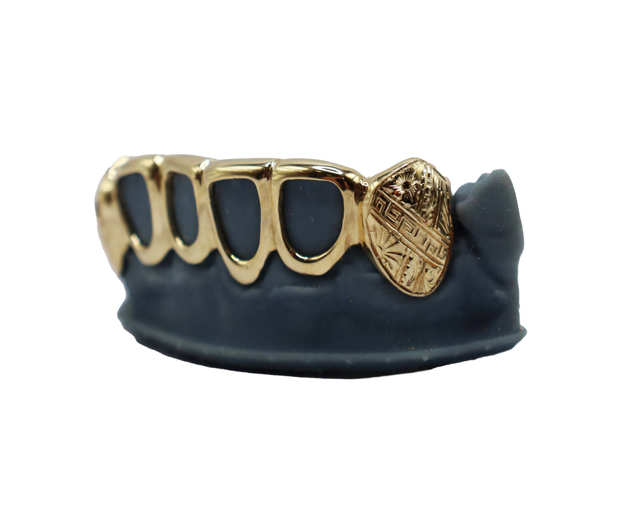 Bottom 6 Open Face Grillz w Solid Hand Engraved Fangs Yellow Gold