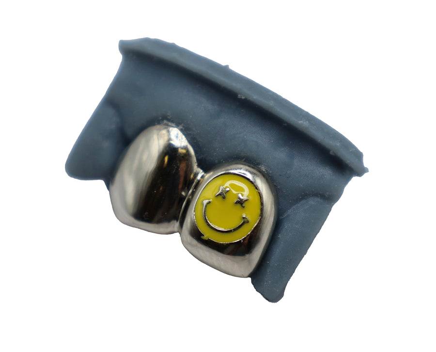 Smiley Face Enamel Grillz w Gold Tooth White Gold