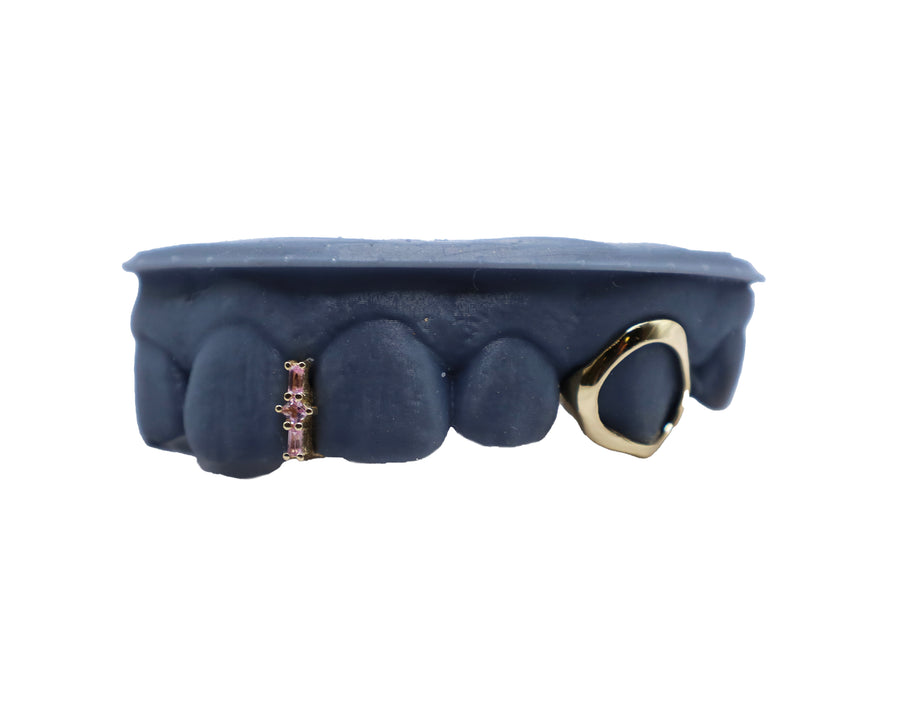 Pink Sapphire Baguette + Princess Cut Gap Grillz w Open Face Fang Yellow Gold