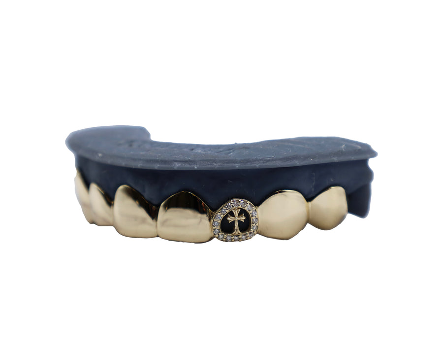 Top 8 Grillz w 3D Cross and Diamond Halo Tooth Yellow Gold