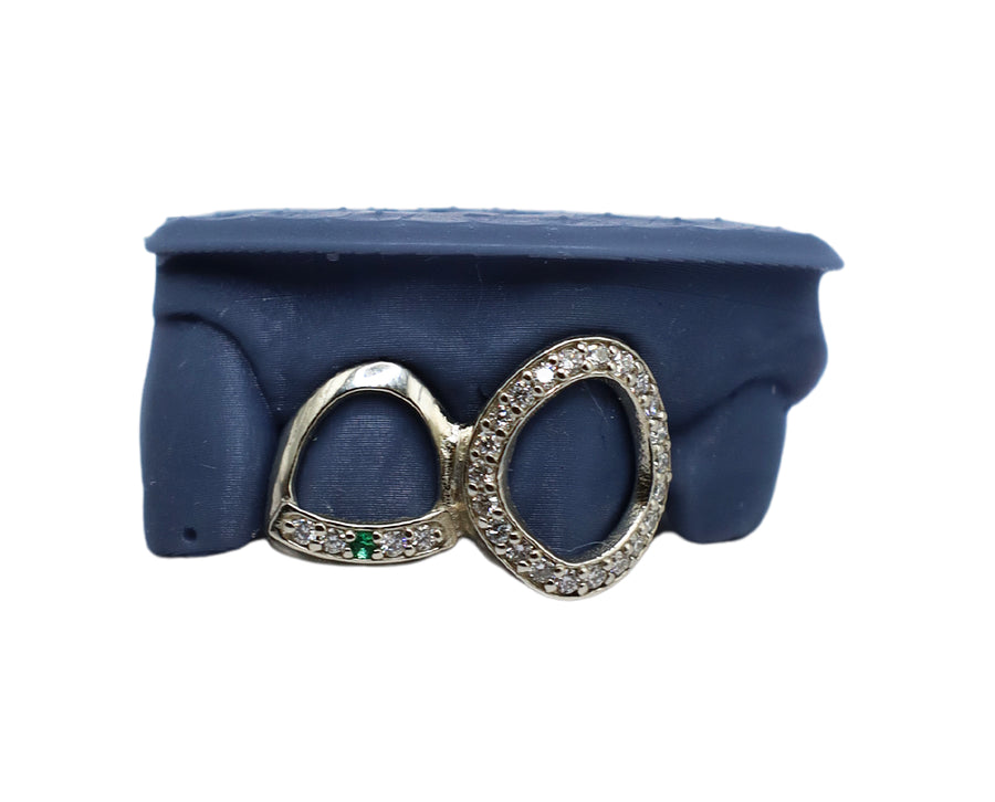 Diamond Open Face Fang Grillz w Diamond and Emerald Tip Tooth