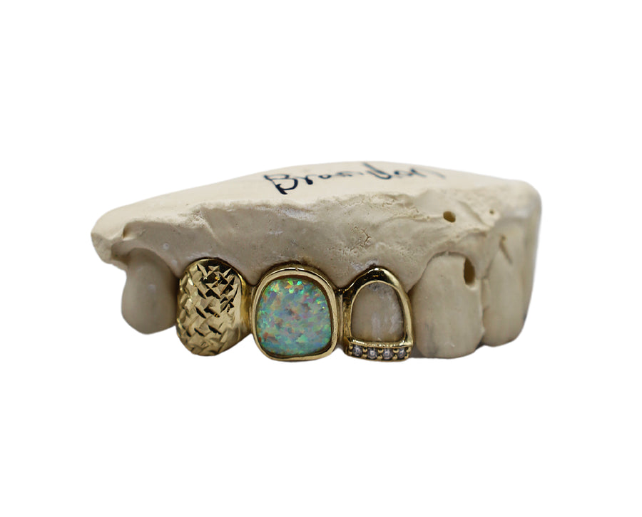 Opal Fang Grillz w Open Face Diamond Tip Tooth and Diamond Cut Molar