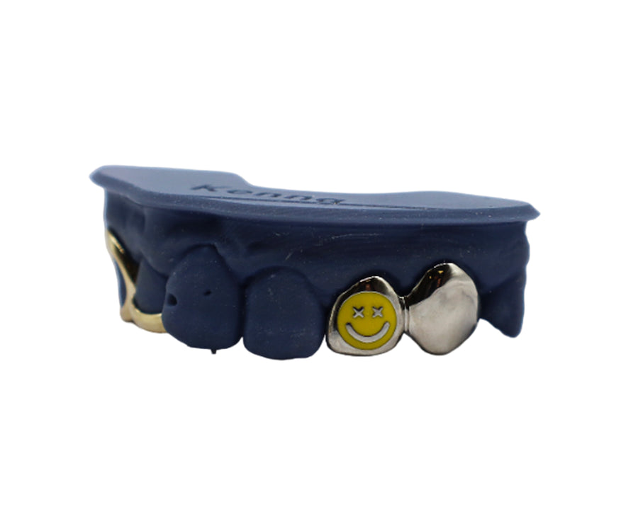 Enamel Smiley Face Grillz Combo w Open Face Fang and Floating Gold Tip