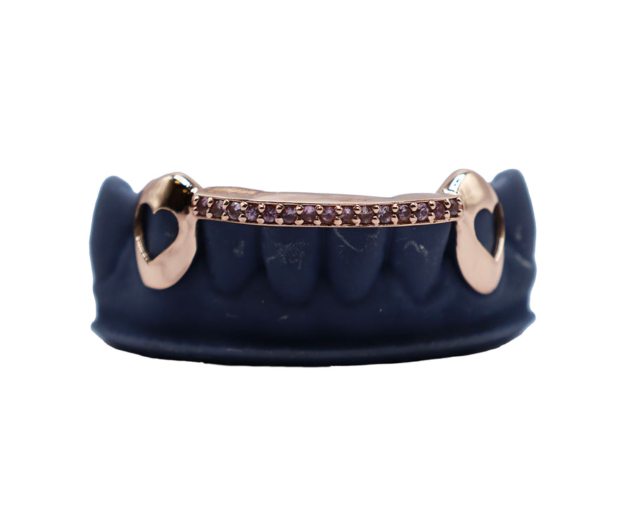 Hot Pink Sapphire Bridge Grillz w Heart Cut Out Fangs