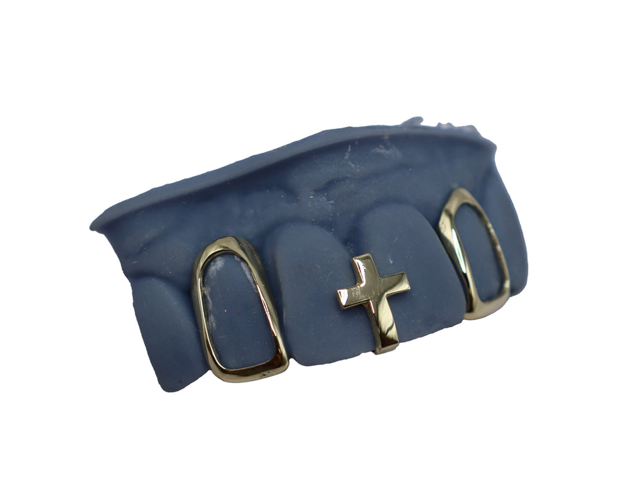Cross Gap Filler Grillz w Two Open Face Teeth