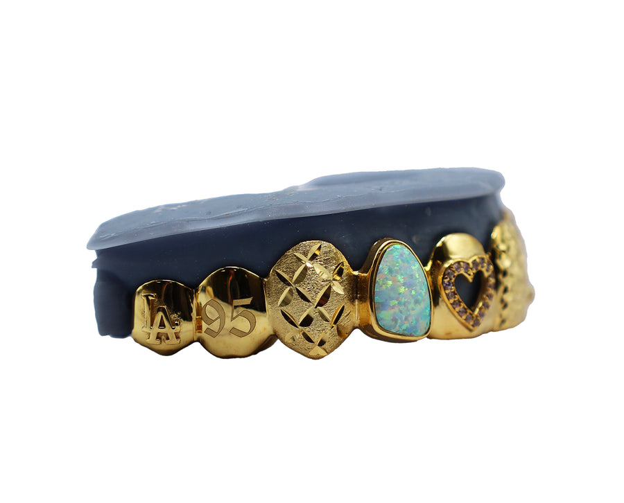 Top 8 Custom Grillz w Opal, Diamonds, Heart Cut Out