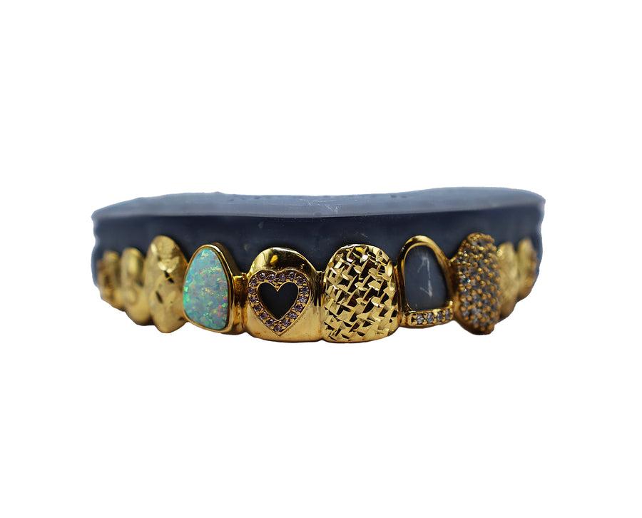 Top 8 Custom Grillz w Opal, Diamonds, Heart Cut Out