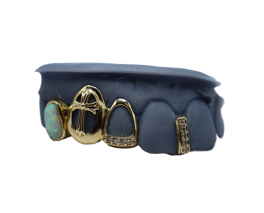 Diamond Gap Grillz w Opal, 3D Cross and Open Face w Diamond Tip