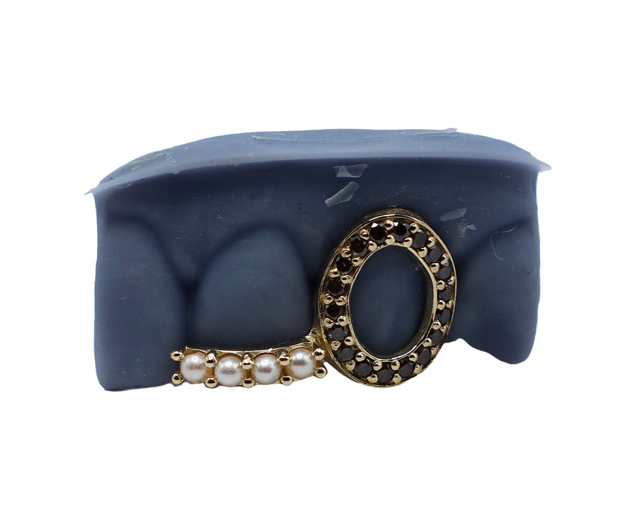 Chocolate Brown Diamond Open Face Fang Grillz w Pearl Floating Tip