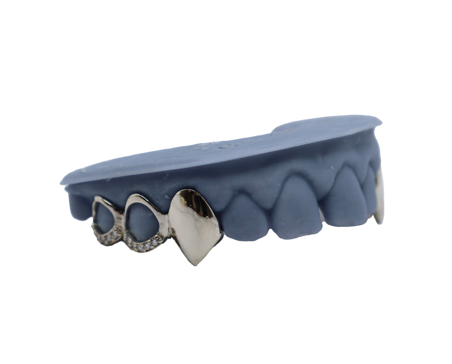 5 Tooth Combo Grillz w Vampire Fangs, Open Faces, and Diamond Tip