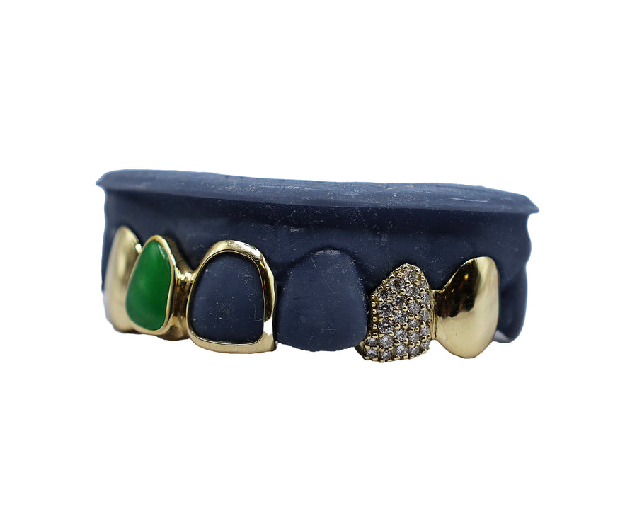 Jade and Diamond Tooth Combo Grillz w Solid Fangs