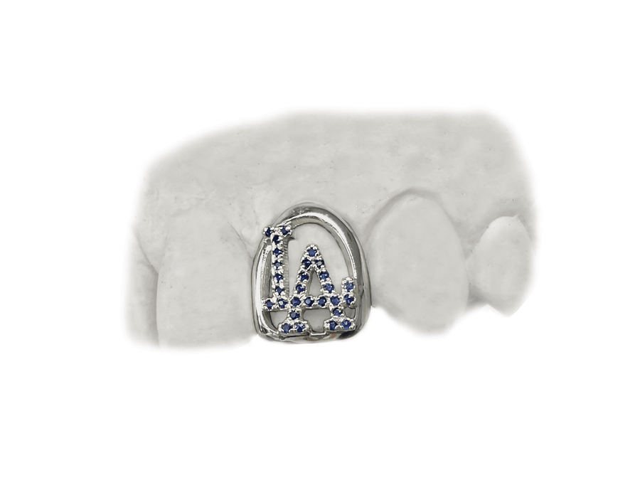 Single Tooth Open Face Grillz w Sapphire LA logo (10K, White Gold)