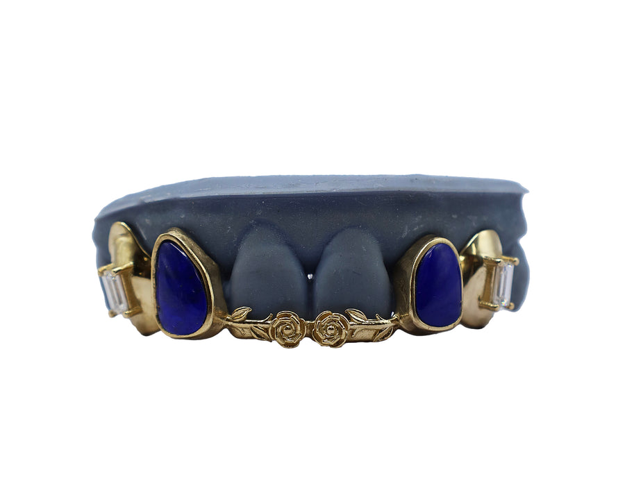 Lapis Grillz w 3D Roses and Baguette Fangs Front View