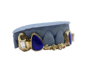 Lapis Grillz w 3D Roses and Baguette Fangs Side View