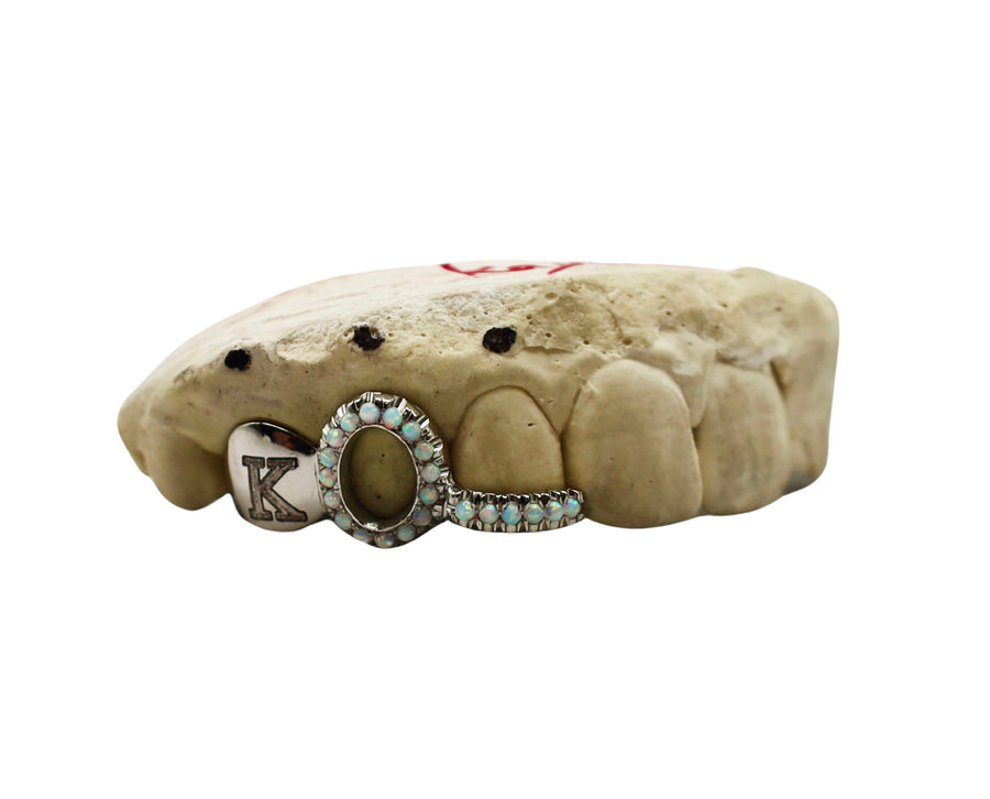 Opal Open Face Grillz w Engraved Molar and Opal Floating Tip