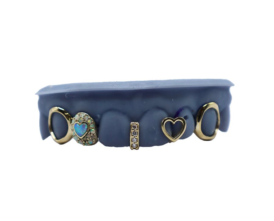 Opal Heart Grillz w Diamond Gap and 3D Heart Front View