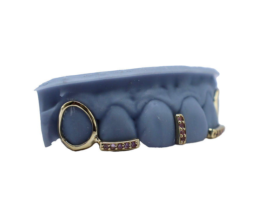 Open Face w Pink Sapphire Float Tip and Gap Filler Combo Grillz Side View