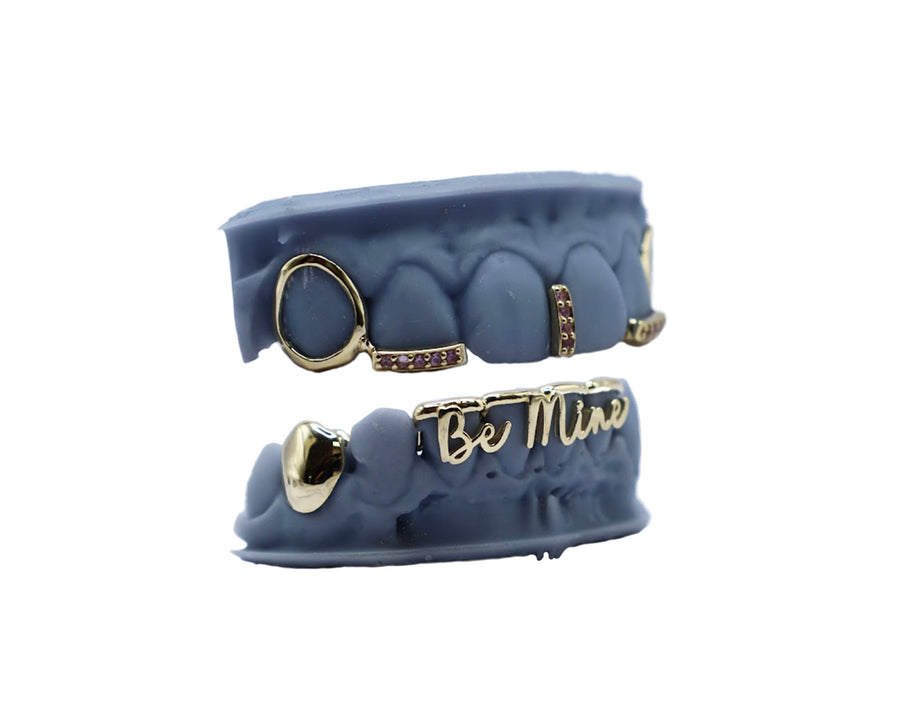 Open Face w Pink Sapphire Float Tip and Gap Filler Combo Grillz w 3D Letter Bridge Grillz Side View