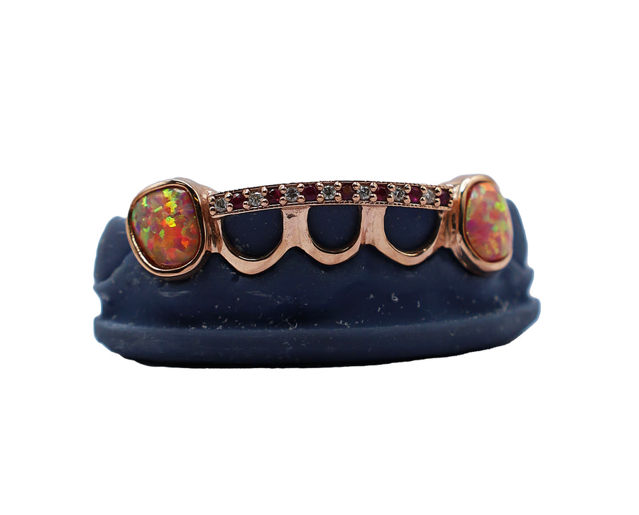 Sapphire and Bridge Grillz w Open Faces and Opal Fangs Front