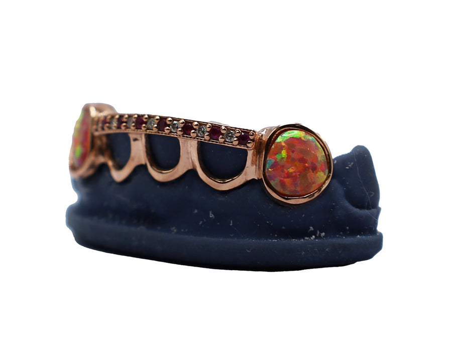 Sapphire and Bridge Grillz w Open Faces and Opal Fangs Side