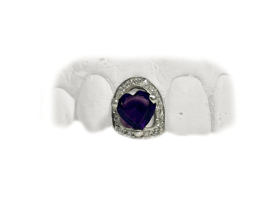 Open Face Diamond Grillz w Amethyst Heart (VS+, 10K, White Gold)