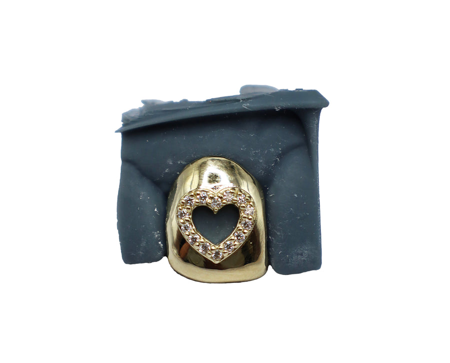 Single Tooth Grillz w Heart Cut Out and Diamond Halo Front View