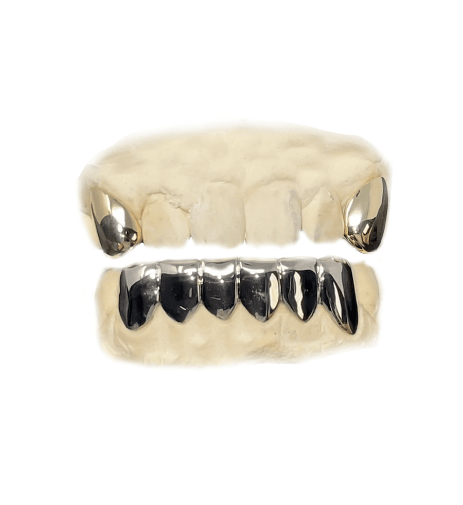 Top Fangs + Bottom 6 Combo Grillz (14K Yellow Gold, White Gold)