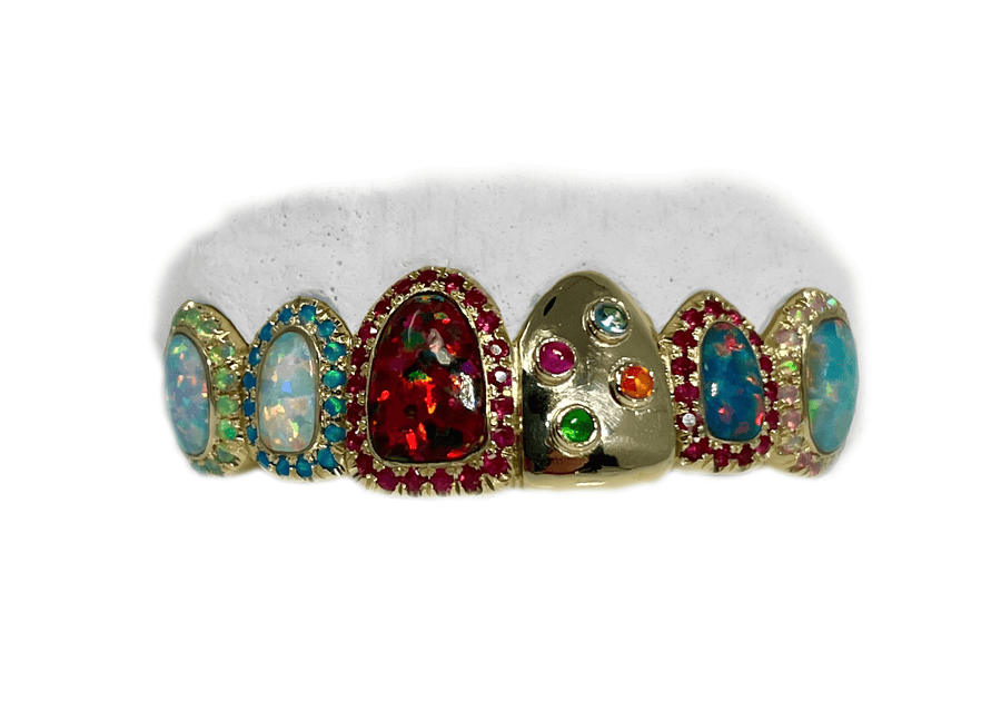 Top 6 Multi Color Opal Grillz w Rubies (18K, Yellow Gold)