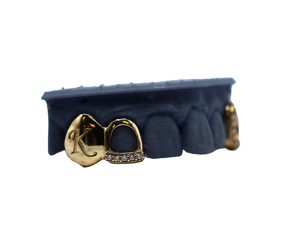 Top 3 Grillz w Diamond Open Face Fang, Engraved Fang and Floating Diamond Tip