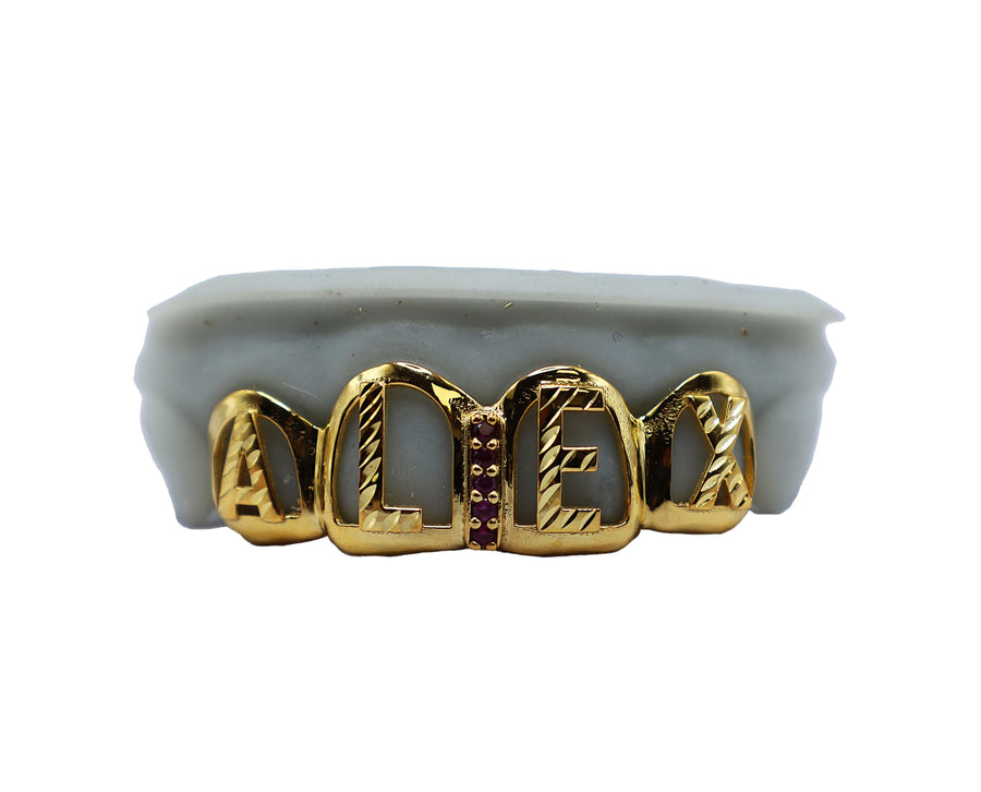 Top 4 Open Face Grillz w 3D Letters and Ruby Gap Filler