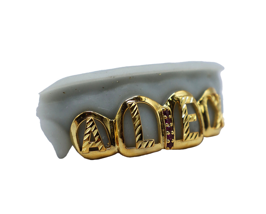 Top 4 Open Face Grillz w 3D Letters and Ruby Gap Filler Side View