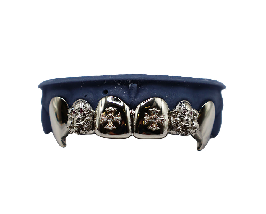 Top 6 Grillz w 3D Skulls, Crosses and Fangs Front Side