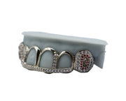 Top 6 Grillz w Diamod Bridge and Diamond Fangs w Ruby Letters Left View