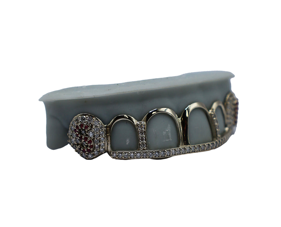 Top 6 Grillz w Diamod Bridge and Diamond Fangs w Ruby Letters Right View