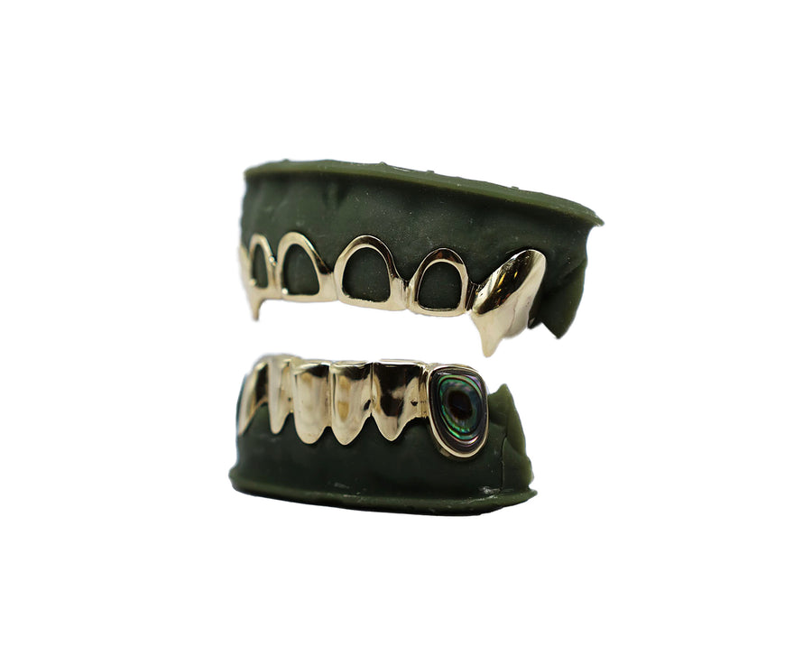 Top 6 Open Face Grillz w Sharp Fangs and Bottom 6 Grillz w Abalone Fang