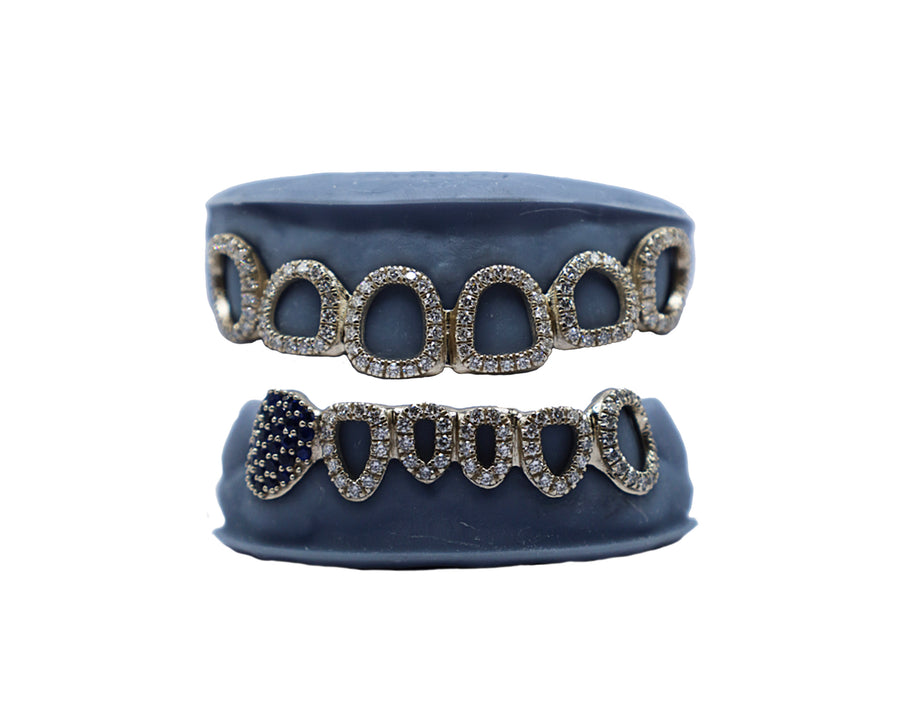Top 6 and Bottom 6 Diamond Open Face Grillz w Sapphire Fang