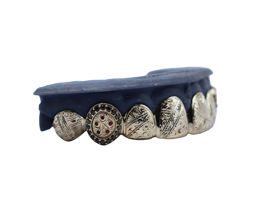 Top 8 Custom Hand Engraved Grillz w Black Diamond and Rubies