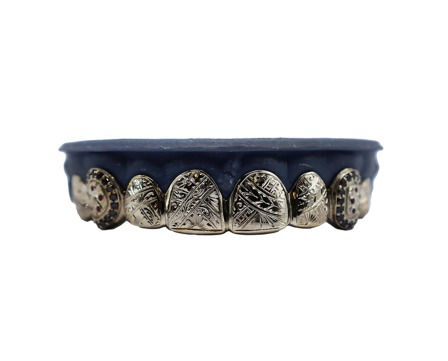 Top 8 Custom Hand Engraved Grillz w Black Diamond and Rubies