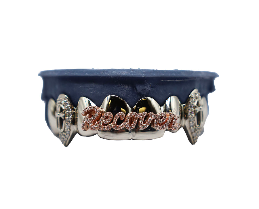 Top 8 Grillz w 3D Diamond Letters, 3D Cross and Diamond Fangs Front