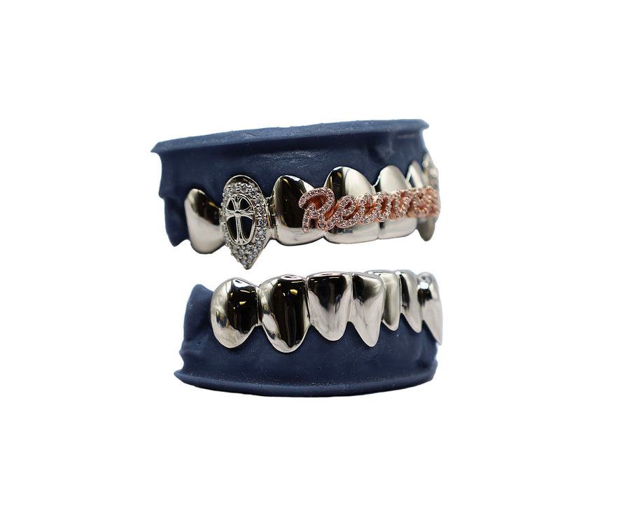 Top 8 Grillz w 3D Diamond Letters, 3D Cross and Diamond Fangs and Bottom 8 Combo