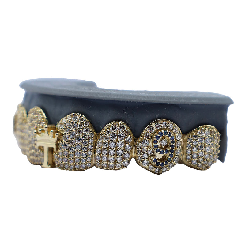 Top 8 VVS Diamond Grillz Custom 3D Letter and Sapphires Side View