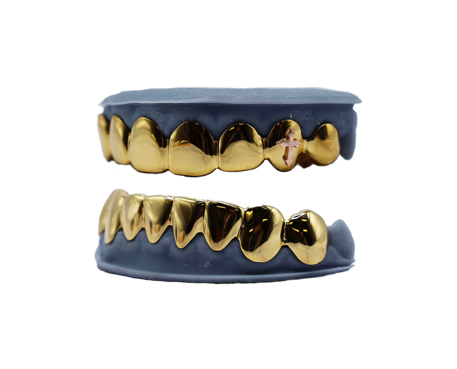 Top 8 and Bottom 8 Grillz w 3D Cross on Fang